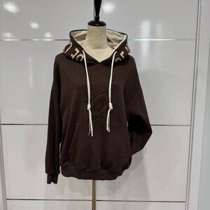 Women Loose Drop Shoulder Drawstring Hoodie Sweatshirt Brown, Size M/38